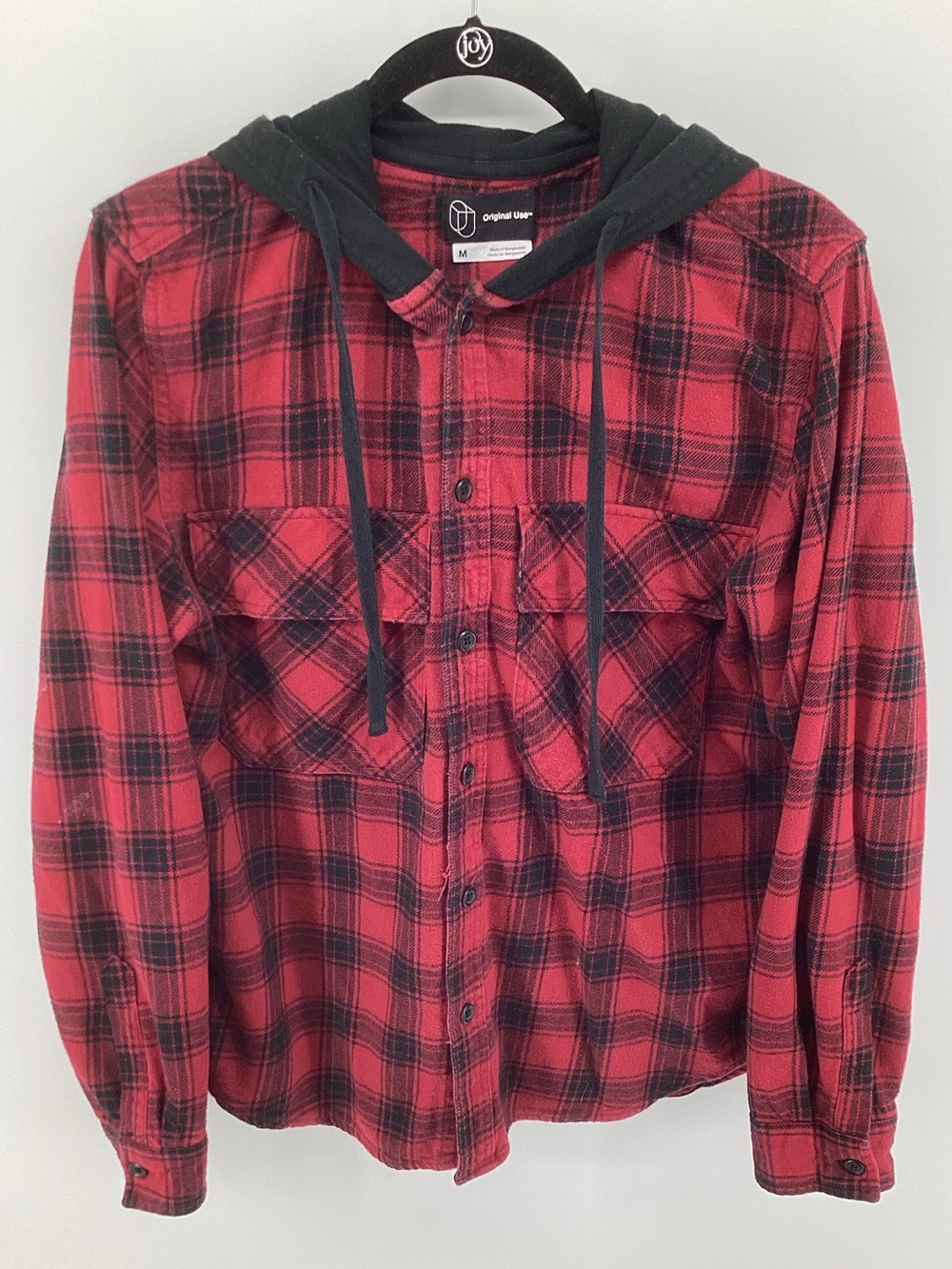 Original Use Red and Black Plaid Hooded Flannel Shirt